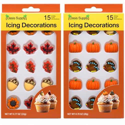 Oasis Supply Thanksgiving Edible Cake & Cupcake Toppers – 30 Count Fall Bundle with Turkey, Pumpkin, Leaves & Acorn Icing Decorations for Cakes, Cupcakes, Cookies & Desserts
