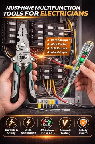 Image of QWEPTY 21-in-1 Multifunctional Stainless Steel Wire Cutter Foldable Wire Stripper Crimper Cable Cutter Pliers Non slip Grip for Cutting Electrical Stripping Tool Crimping Tool [LED Voltage Tester Pen]
