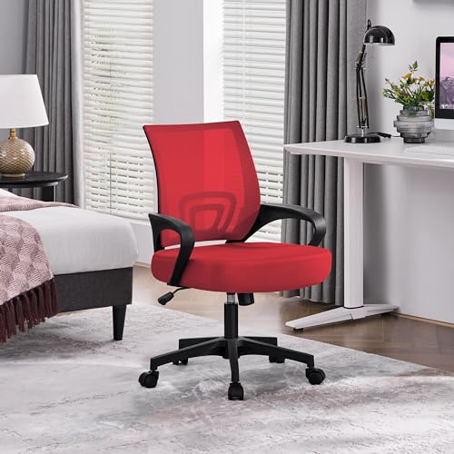 Image of Yaheetech Red Modern Ergonomic Office Chair, Mid Back Mesh Task Chair with Lumbar Support, Adjustable Height, Rolling Swivel, 300lb Capacity