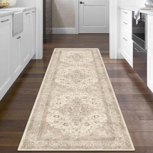 vivorug Runner Rug 2'x7' Vintage Floral Washable Non-Slip Runners for Hallways Kitchen Entryway Laundry Room Carpet Hallway Runner Beige