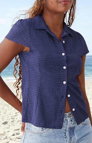 Image of Y2k Girls Vintage Coquette Button Down Shirt Women Short Sleeve V-Neck Slim Fitted T-Shirt Cute Blouse Crop Top