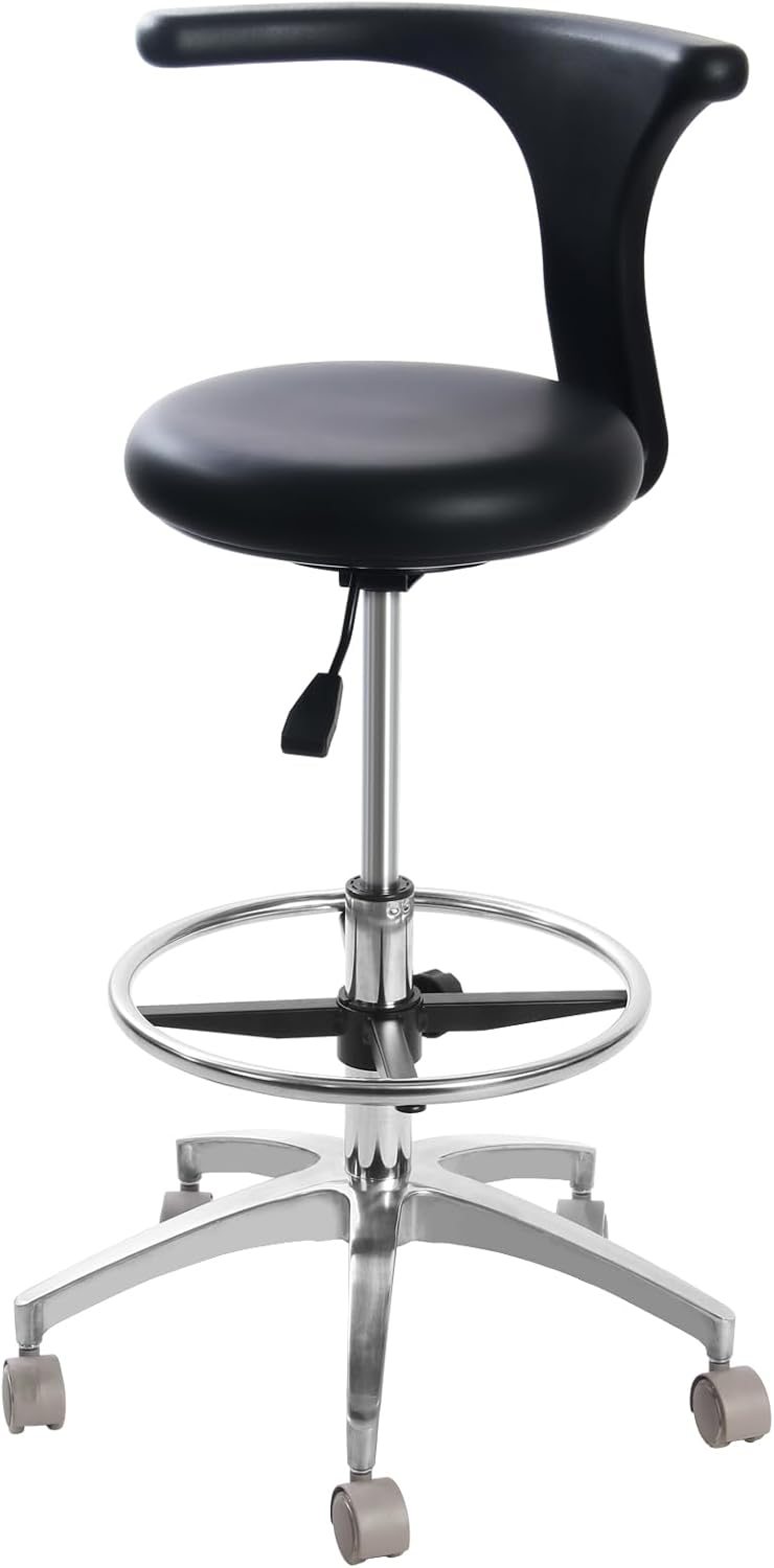 Adjustable Ergonomic Dental Stool with Back Support, Rolling Dentist Chair for Hygienists, Assistants, Black