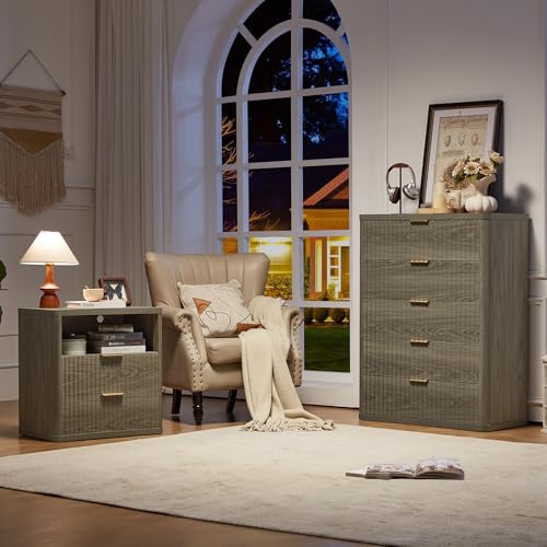 Image of LEYAOYAO Fluted 5 Drawers Dresser Set of 2, 41 inch Tall Modern Chest of Drawers with Metal Handle, Curved Profile Dresser TV Stand, Wooden Drawer Organizer for Bedroom, Living Room, Hallway,Grey