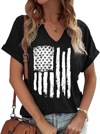 PUCKOLITY American Flag Patriotic T-Shirt Women 4th of July Shirt USA Flag Stars Stripes Graphic Summer Casual Top