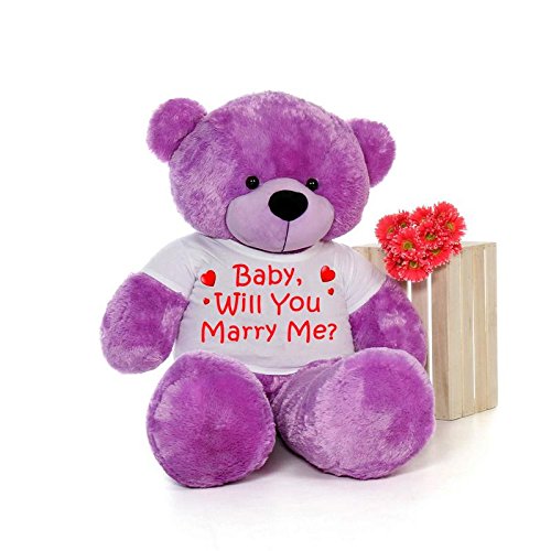 CLICK4DEAL Big Teddy Bear rt4feet Long Wearing Will U Marry ME T-Shirt ( Bear 121 cm ) with Free Heart Shape Pillow Purple