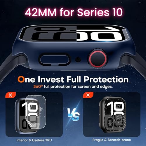 Image of VEMIGON Hard PC Case Compatible with Apple Watch Series 11 /10 42mm with Tempered Glass Full Screen Protector, Full Coverage, Touch Sensitive, Ultra-Thin HD Bumper Protective Cover for iWatch-Dark Blue