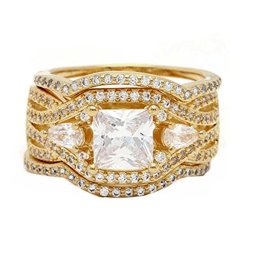 Pat Halo Wedding Ring Set for Women by Ginger Lyne |3 Ring Bridal Set | Gold Plated Engagement Ring with Two Matching Anniversary Bands | Cubic Zirconia Promise or Wedding for Her
