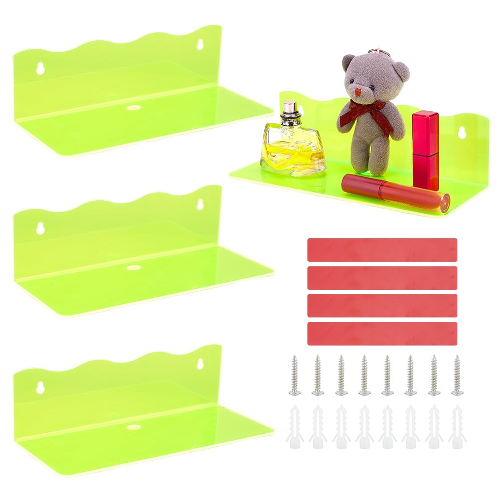 PH PandaHall Acrylic Wall Mounted Display 4 Sets Fluorescent Green Floating Shelf Wall Hanging for Storage Shelf Home Display Ledges for Kitchen Bathroom Collectibles Livingroom 25x10.5x7.5cm