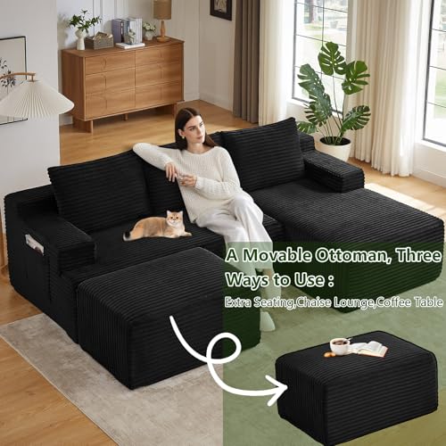 Image of 96.1 inch Modular Sectional Sofa with Ottoman, Modern Corduroy Cloud Couch, Boneless Couch Upholstered 3-Seater U-Shaped Sofa for Living Room, No Assembly (Black, Right-Facing Chaise)