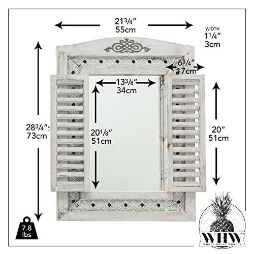 Whw Whole House Worlds Americana Rustic Farmhouse Mirror With Shutters, Vintage Gray, Distressed Metal Border Of Braided Flowers, Sustainable Wood, Glass And Metal, 21 3/4 X 1 1/4 X 28 3/4 Inches #TOP3