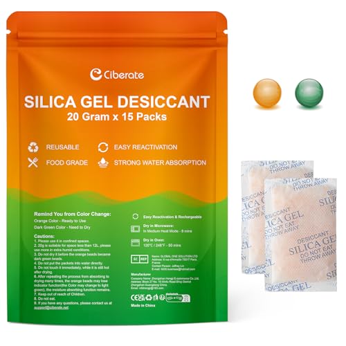 Ciberate 20 g x 15 Packs Silica Gel with Orange Beads Moisture Indicator Food Grade Silica Gel Desiccant Bag Silica Gel Moisture Absorber for Moisture Removal