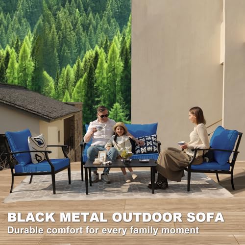 Image of 4-Piece Patio Furniture Set, Wider Outdoor Metal Seating Sofa with High Back & Loveseat, Coffee Table, All Weather Metal Conversation Set for Backyard, Poolside, Deck-Peacock