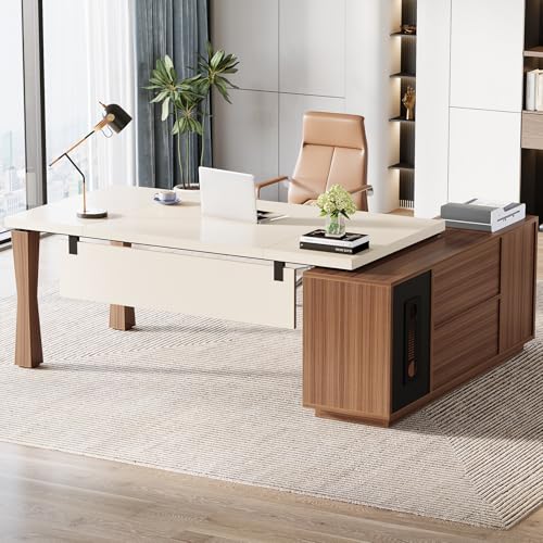 Tribesigns 78.7-Inch Executive Desk, L-Shaped Desk with Cabinet, Large Office Table with Storage Shelves, Writing Table Business Furniture Set for Home Office, Cream White Walnut