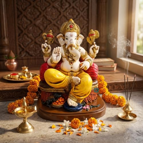 Image of Marble Singhasan Ganpati Idol 8.5 Inch | Lord Ganesha Showpiece for Home Temple, Office Desk, Living Room, Pooja Room | Multicolor Glossy Decorative Statue & Spiritual Gift