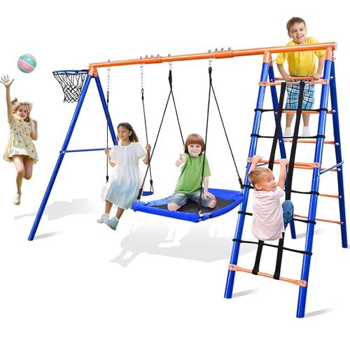Image of JYGOPLA 5-in-1 Heavy-Duty Metal Swing Set for Backyard - 500lb Capacity Outdoor Playset with Basketball Hoop & Climbing Rope