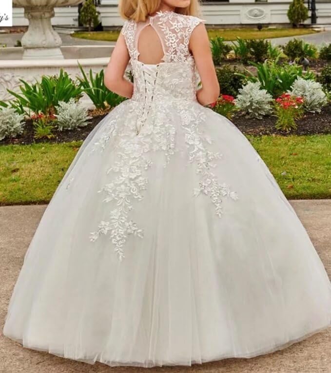 Puffy Tulle Flower Girl Dress for Wedding Lace Appliques First Communion Dress for Girls Long Sleeveless Pageant Gown3