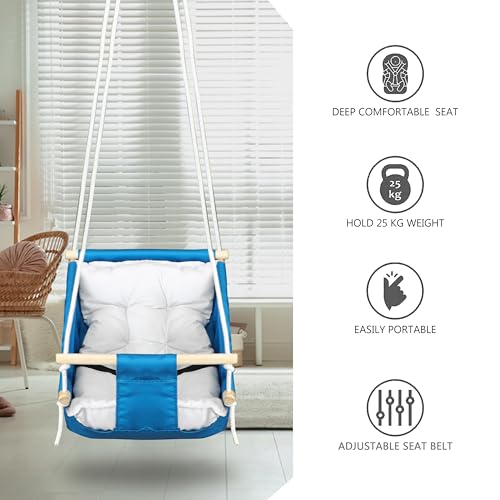 Image of Baby Swing for Infants and Toddler, Newborn Baby Sleeping Chair Hammock Indoor and Outdoor, Wooden Hanging Seat Chair for Baby up to 2 Years (Blue)