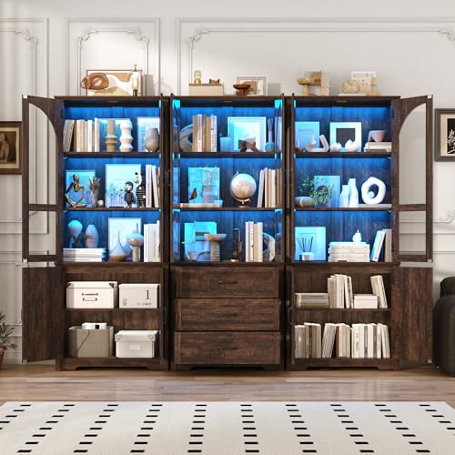 Image of 75 inch Tall Farmhouse Kitchen Pantry Cabinet with LED Lights,6 Doors Wood Storage Cabinet w Arched Glass Doors /Drawers,Pantry Organizers and Storage,Rustic Wood Cupboard for Kitchen,Dining Room(Brown)