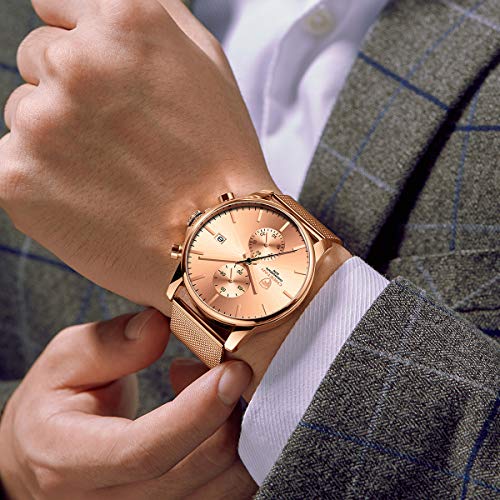 GOLDEN HOUR Reloj para Hombre Fecha automática Reloj cronógrafo Impermeable de Acero Inoxidable con Malla analógica de Cuarzo para Hombre