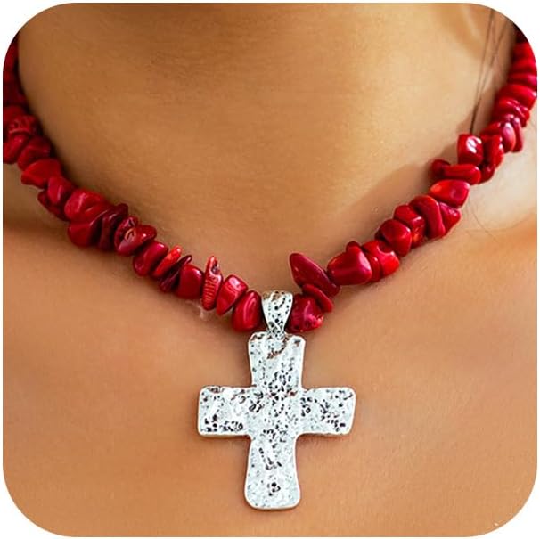 Statement Beaded Turquoise Silver Hammered Chunky Cross Pendant Necklaces for Women, Boho Gothic Green Red Black Irregular Stone Choker Necklace Jewelry