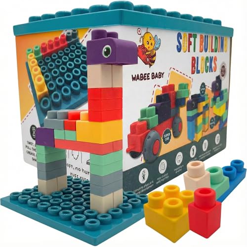 Image of WaBee Baby Soft Rubber Building Blocks with Baseboard - Extra Large Toddler Blocks Ages 12mo+ - Chew-Safe Sensory Stacking Toys - STEM Learning Set with Building Guide - Not Compatible with Duplo/Mega