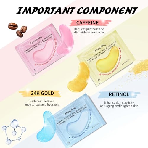 Image of Onespring Eye Masks (24 Pairs) - Gift for Her - Caffeine, 24K Gold and Retinol Under Eye Patches for Puffy Eyes, Dark Circles & Fine Lines, Bachelorette Party Favors, Bridesmaid Gift