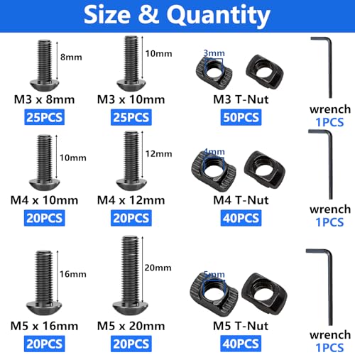 260PCS M3 M4 M5 T Slot Nut Screws Kit, T Nuts and Bolts Assortment Kit for 2020 Series Aluminum Profile, Mlok Screws Nuts Replacement