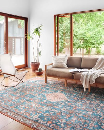 Loloi Layla Collection LAY-10 Marine/Clay 2'-0" x 5'-0" .13" Thick Accent Rug, Soft, Durable, Vintage Inspired, Distressed, Low Pile, Non-Shedding, Easy Clean, Printed, Living Room Rug