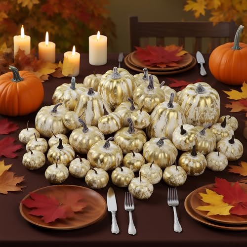 Image of winemana 46 Pcs Artificial Gold Pumpkins Fall Decorations for Home | Foam Material, Assorted Sizes, Halloween Autumn Thanksgiving Decor, For Table Centerpiece Mantle Bowl Wedding Party