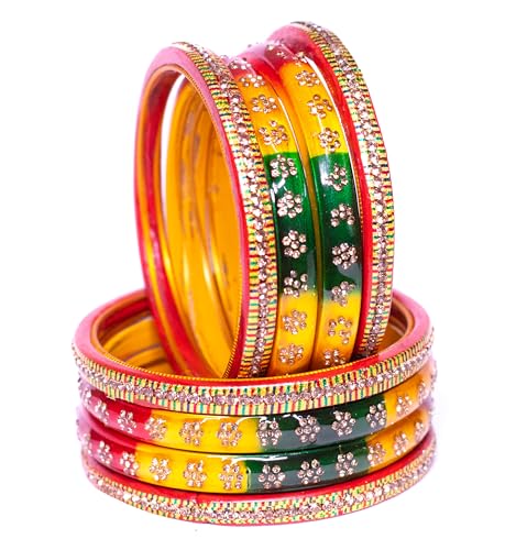 Image of Swara Creations Lah /Lac bangles red color Set, LAHTHI Churi Kundan work for Women and Girls(8 pcs)