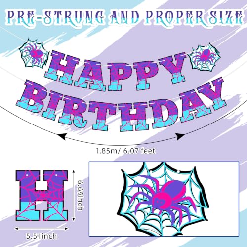 Image of Oudain Spider Theme Birthday Banner Pre-strung Web Flags,Purple Blue