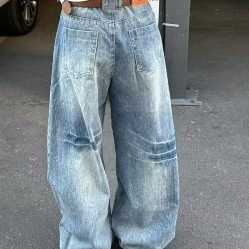 Men's American Retro Curved Hem Wide Leg Jeans Loose Fit Distressed Long Pants for Spring Autumn4