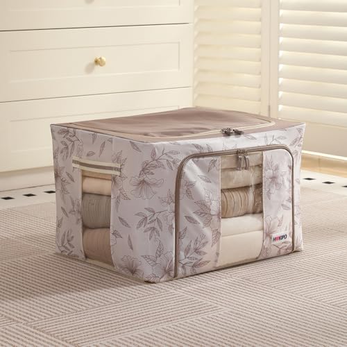 Image of HOKIPO 66L(L) Clothes Storage Box, 600D Oxford Fabric Organiser for Wardrobe, Latte Floral Pack of 1 (AR-6486-LBR)