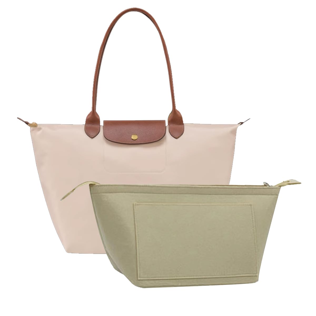 Chispee Purse Organizer Insert for Handbags, Felt Bag Organizer with Zipper Handbag Organizers for Longchamp Divider Pocket & Zipper Inner Bag Liner (Beige,S)