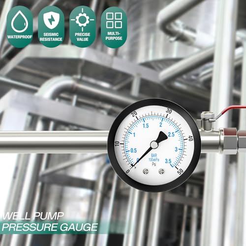 Image of 0-50PSI Well Pump Pressure Gauge 2 inch Dial Size, 1 /8 inch NPT Back Mount, 3-2-3% Accuracy, for Tube, Water Pump, Gas, Liquid, Pressure Test