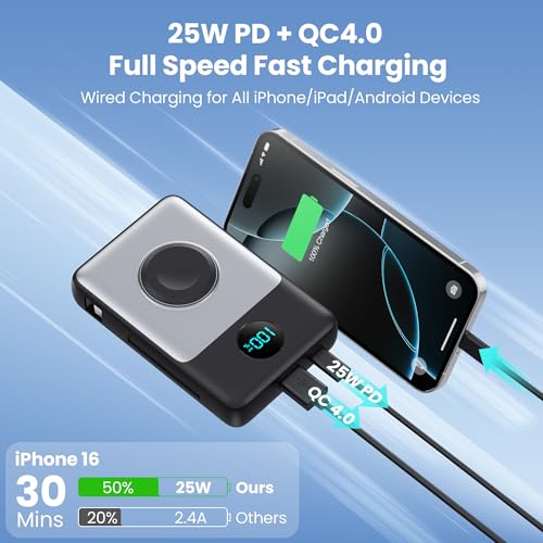 Image of 6 in 1 Magnetic Portable Charger for iPhone with Built-in Cables, 10800mAh 25W PD Fast Charging Power Bank, 6 Outputs Travel Essential Battery Pack for iPhone 17 /16 /15 /14 /13 /12 Series,Apple Watch