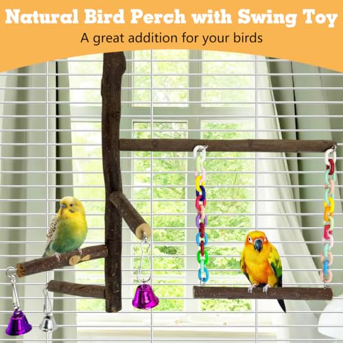 Image of kathson Natural Bird Perch with Swing Toy 2 in 1 Wooden Perch Stand Multiple Branches Parrot Perch Parakeet Climbing Chewing Toy Cage Accessories for Conures Cockatiels Lovebirds Budgies Finches