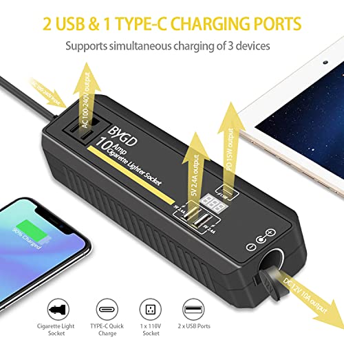 AC to DC Converter, 100-240V to 12V 10A Power Adapter with Cigarette Lighter Socket and Voltage Display, 2 USB Ports & Type-C, Power Converter for Car Vacuum Cleaner, Car Refrigerator, Inflate Pump