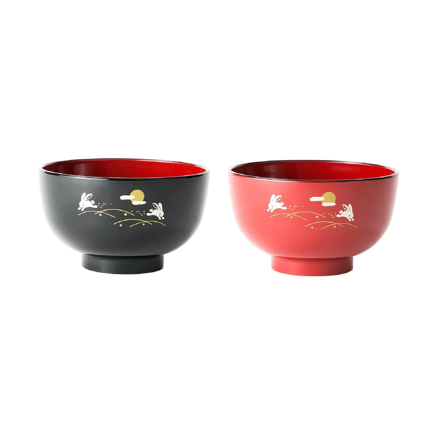 YamakoMiso and Rice Soup Bowl Japanese Cuisine, Durable Imitation Plastic Lacquer, Rabbit Design, Set of 2 Black and Red Bowls 400ml, Made in Japan
