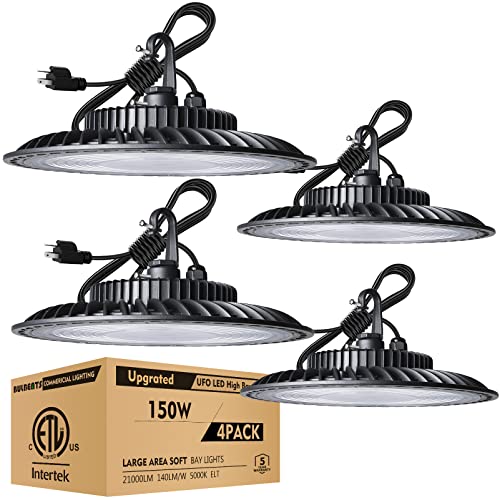 bulbeats LED High Bay Light 150W, 5000K,21000Lm ( Eqv.600W MH/HPS) UFO high Bay LED Light, ETL Listed Bay Lighting, 5Ft Cable with US Plug for Commercial Warehouse/Workshop/Wet Location Areaï¼ˆ4Pack)
