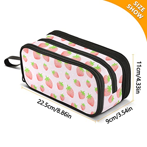 Image of Pink Strawberry Large Capacity Pencil Case 3 Compartment Pencil Pouch | Large Storage Pen Bag pencil box for Adults School Office Teen Girl Boy Men Women