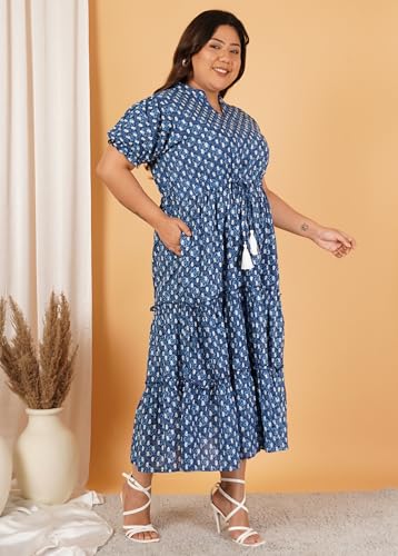 Image of Indietoga Women's Floral Printed Pure Cotton Tiered Maxi Dress (XL to 7XL)