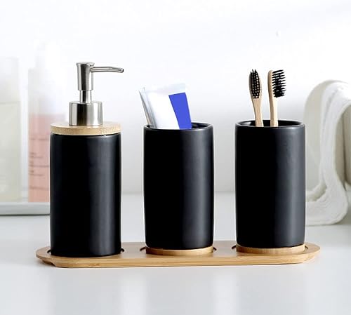 Miniatura 7 de EKDJKK Soporte para cepillos de dientes de cerámica y bambú para baño, soporte para tazas y organizador de cepillos de dientes, ahorro de espacio