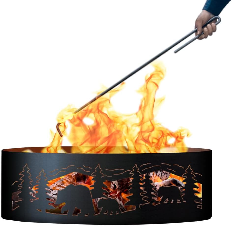 PD Metals BCR00460-FP Bear N Cubs Unpainted 12 in. Tall 60 in. Diameter Outdoor Fire Ring with Fire Poker - 60 x 60 x 12 in. - Rustic Black Color
