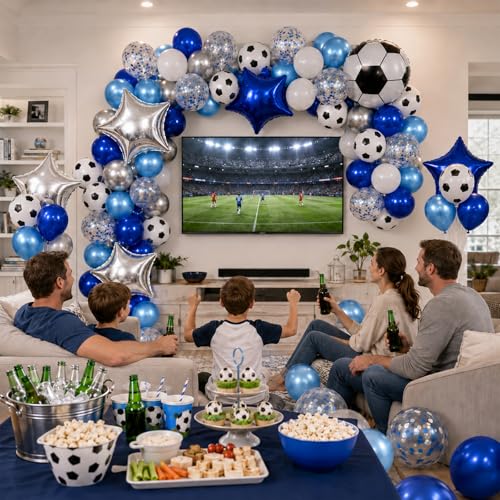 Image of Soccer Balloons, Metallic Blue Silver Balloons, Sport Theme Party Balloons