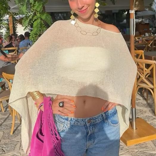 レディース シアー ニット ポンチョ Y2K 軽量 アシンメトリー シュラッグ ボレロ カバーアップ トップス トレンディ シースル