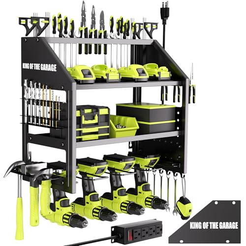 YFFSRJDJ Power Tool Organizer Wall Mount with Charging Station – King of the Garage, 4 Drill Holders, Heavy Duty Cordless Tool Rack with 4-Outlet Power Strip, Gifts for Him, Birthday Gifts for Men