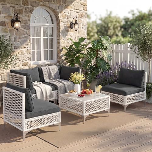 ENSTVER 5-Piece Outdoor Patio Furniture Set, Value Lightweight Boho Outdoor Sectional with Handwoven Wicker & Easy Assembly, Durable Outdoor Sofa for Small Patio, Balcony（Cushion Dark Grey）