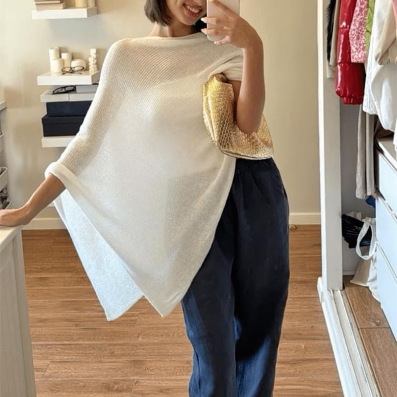Women Sheer Poncho Top Knit Crochet Lightweight See Through Shawl Summer Shrug Beach Cover Up - Image 2