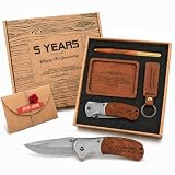 5 Year Anniversary Wooden Gift for Him Wood Gifts Set for 5th Wedding Anniversary 5 Years of Marriage Present for Men Husband Couple Unique Keepsake Including:pocket Knife&ring Dish&pen&keychain